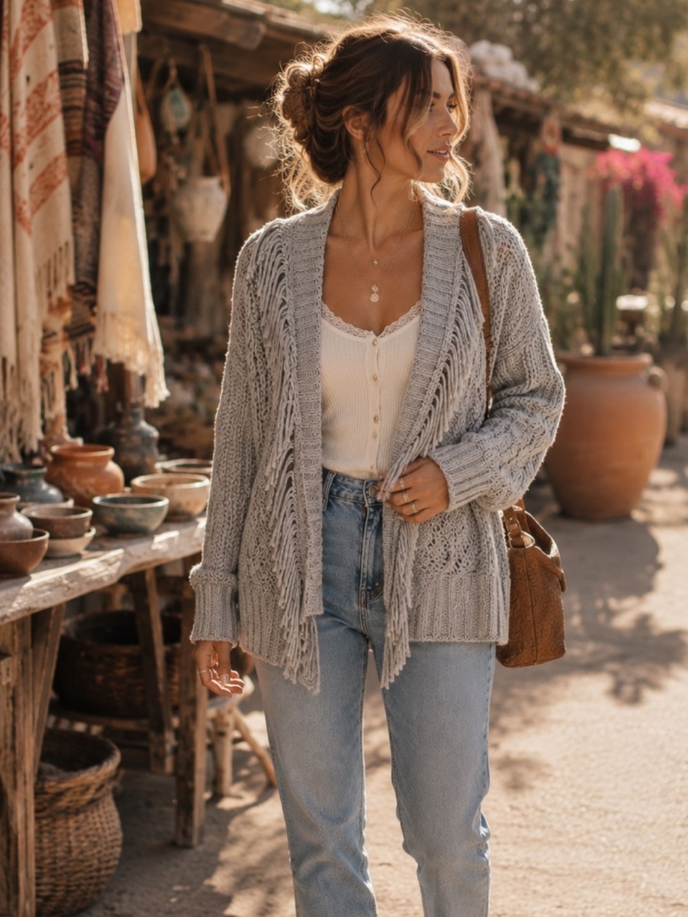 Free People Fringe Gray Wool Blend Retro Women’s Open Weave Cardigan Sweater S